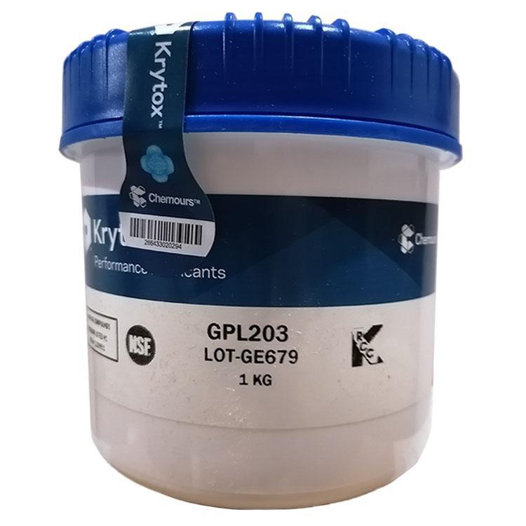 Krytox gpl203全氟聚醚 (PFPE) 润滑油和使用聚四氟乙烯 (PTFE) 稠化的润滑脂，具有出色的化学稳定性。Krytox gpl203润滑脂不会与大多数化学品（路易斯酸和碱金属除外）发生反应，或导致这些化学品降解。