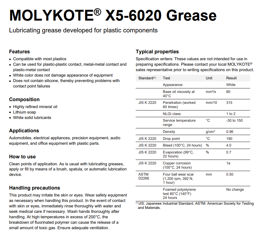 塑料齿轮润滑就选Molykote X5-6020塑料润滑脂